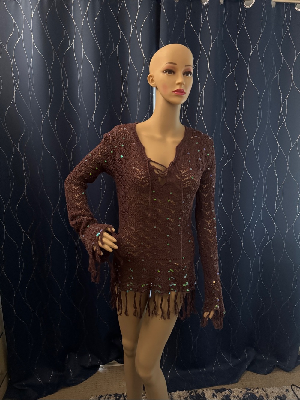 Moda International Brown Boho Festival Crochet Sequin Fringe Top Swim Coverup S